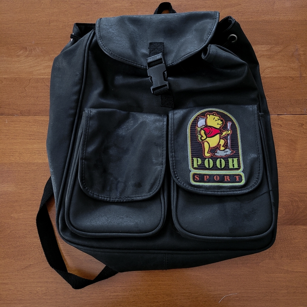 Vintage Disney Winnie the Pooh Black Drawstring Pleather Backpack